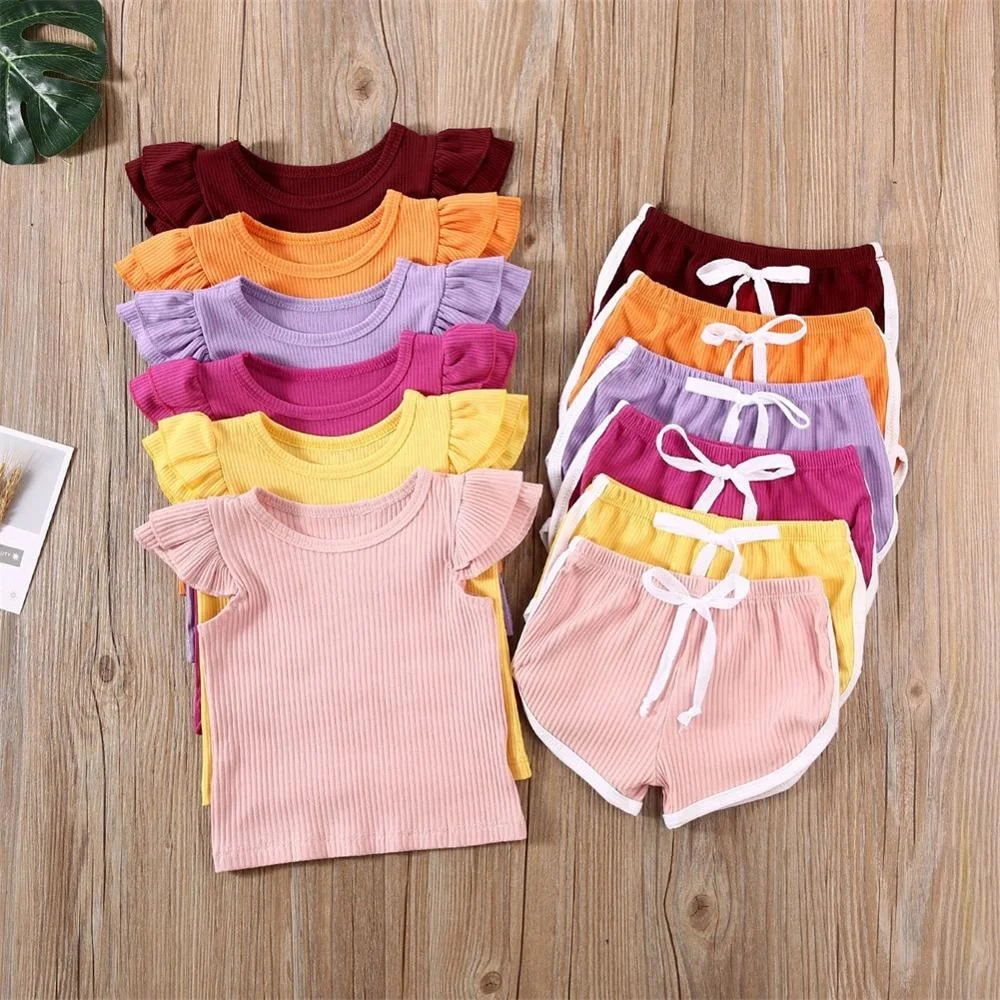 

Active Kids Baby Girl Tracksuits Summer Solid Outfits Ruffles Sleeve T-shirt Lace-up Shorts 2Pcs Casual Kids Girl Sets 1-5Y, As picture