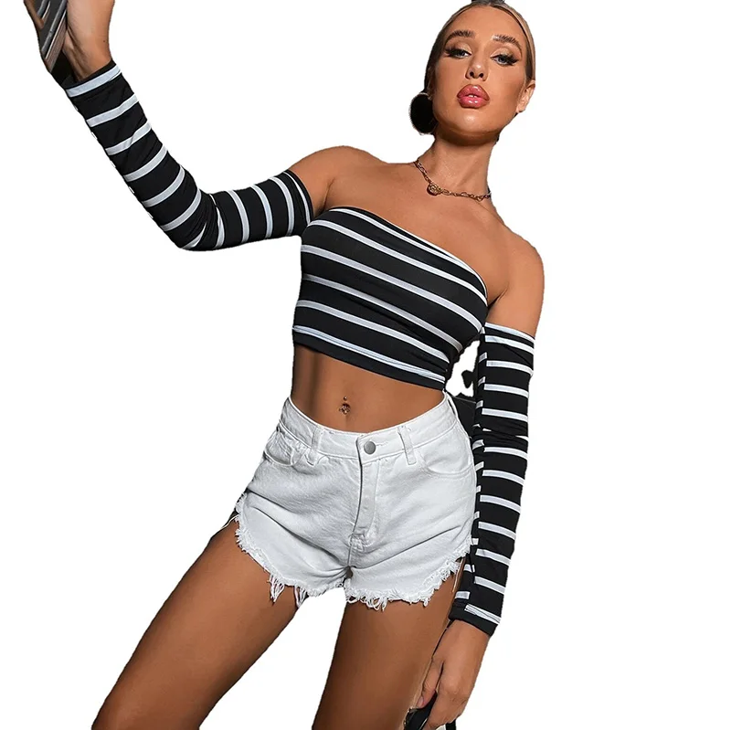 

Summer Womens Sexy Backless Strappy Crop Tops Long Sleeve Strapless Slim Black White Striped Tank Tops
