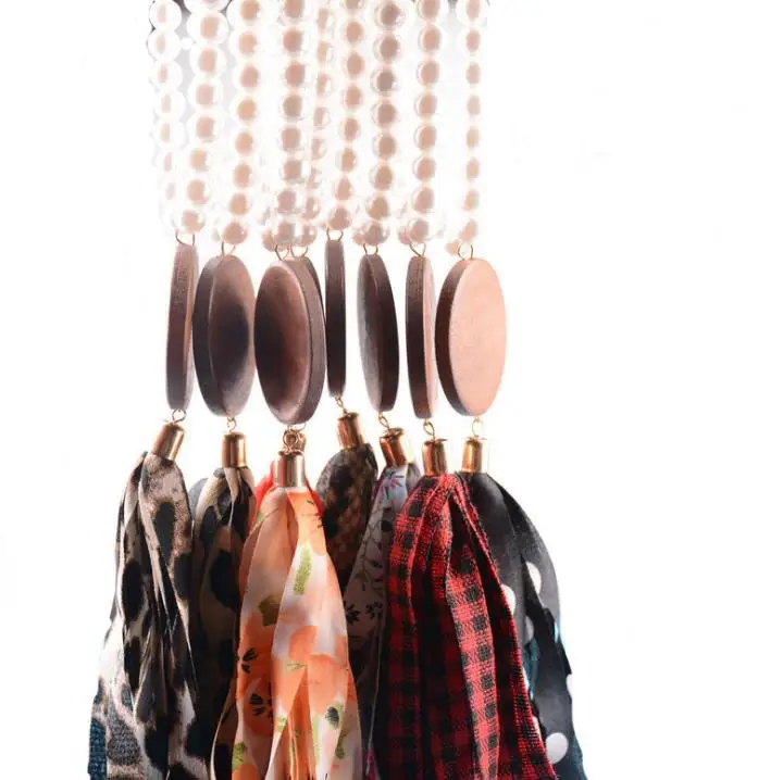 

Handmade Wooden Bead Beaded pendant women's necklace pearl crystal leopard fabric tassel long wool chain