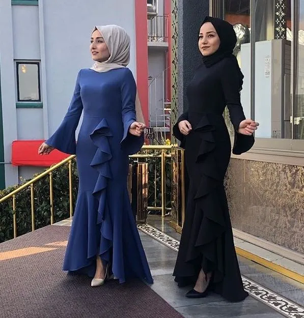 

2021 fashion designs Muslim Solid Color Ruffled Fishtail sexy dress Dubai Long Tight abaya kaftan luxury Islamic Clothing, 2 colors