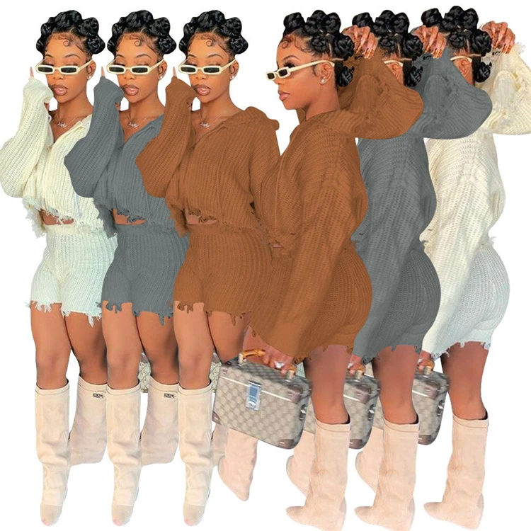 

D11628 2021 new style fashion casual solid color zipper long sleeve hooded women fall sweater two piece shorts set