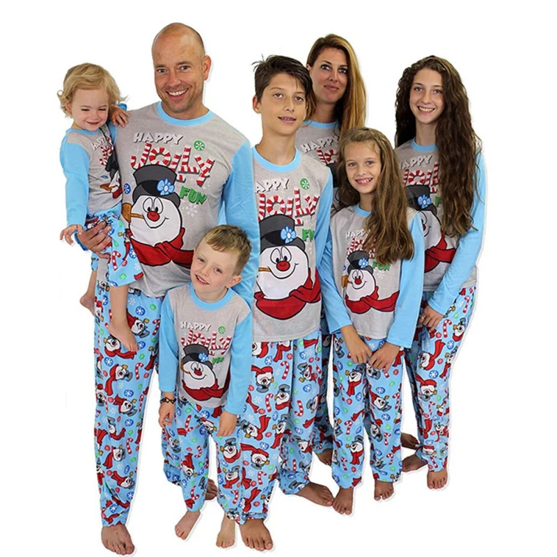 

Parent Child Two Piece Long-Sleeved Trousers Cotton Christmas Pajamas Sets Snowman Print T-Shirt Pants Family Matching, Blue