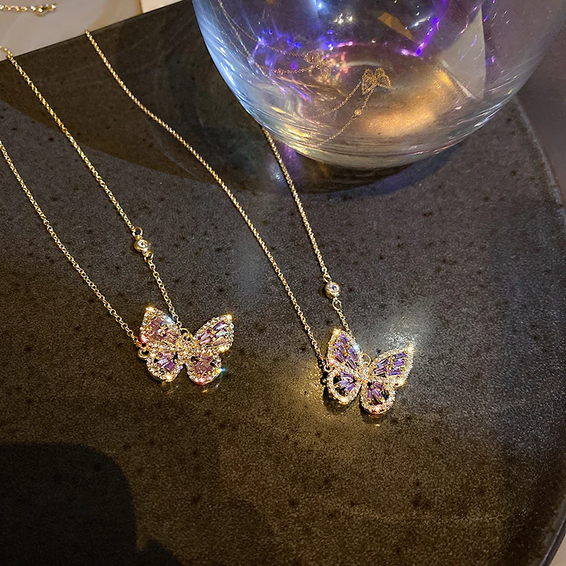 

real gold plated fashion trendy purple pendant crystal butterfly necklace