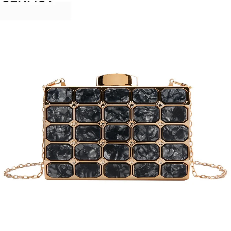 

Acrylic Women Evening Bag Black Color Metal Stripped Small Day Clutch With Chain Shoulder Handbags Holder side purse