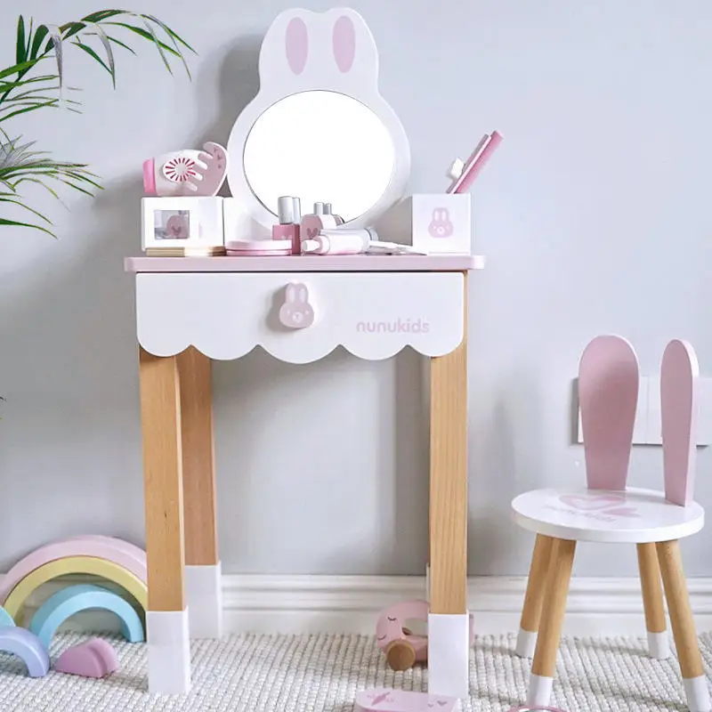 2026 New Arrival Custom Children Wooden Rabbit Pink Pretend Play Make up Dressing Table Educational Dresser Gift Toys for Girls