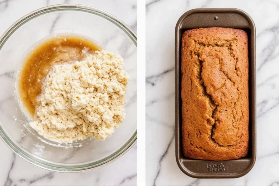 Step-by-step process of making banana cinnamon bread showing mixing ingredients and final baked loaf