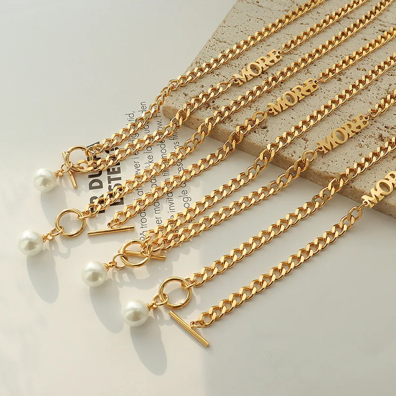 

INS Stainless Steel MORE Letter OT Buckle Gold Link Chain Floating Single Pearl Necklace for Women