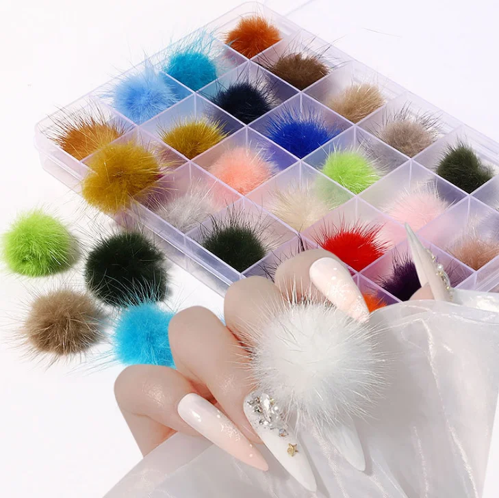 

New Arrival Pompom Fluffy 24pcs Magnetic Nail Balls Set Pom Pom Charm Boxes For Nails, Picture