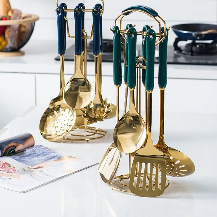 

7PCS Ceramic anti-hot handle kitchen full set emerald scoop stir-frying spoon utensils and appliances