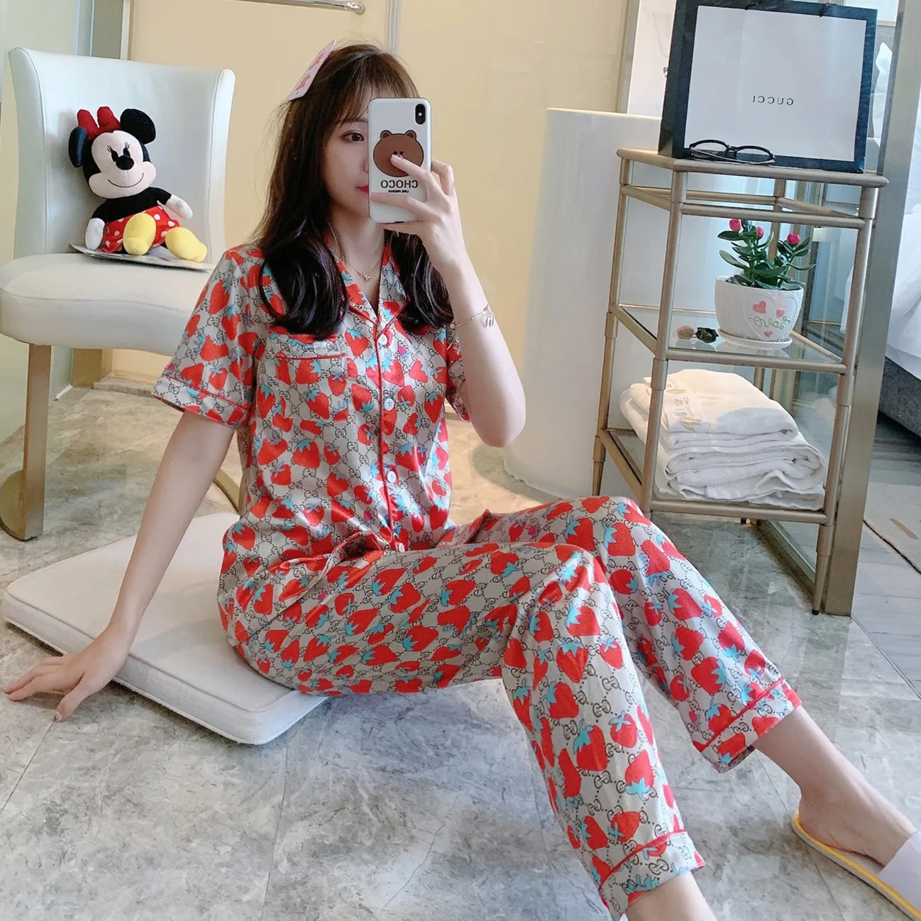 
Short sleeved trousers suit ladies nightgown silk thin girl nightdress ice silk printing pajamas Cute sleepwear 