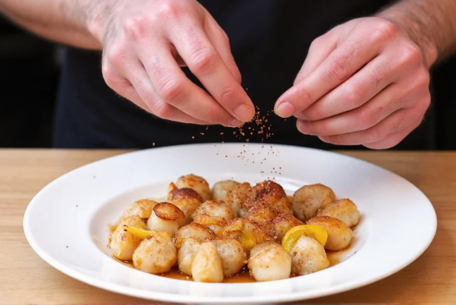 Chef's hands sprinkling crushed rose pepper over a finished dish of seared scallops