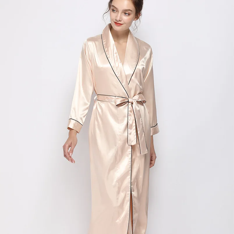 

2021 new style Designer silk lapel long women Satin pajamas lace sexy pajamas sleepwear, 4 colors