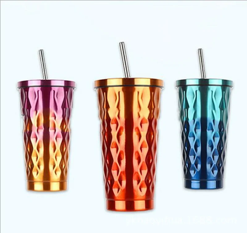 

Amazon hot sale Gradient stainless steel mug accompanying coffee double insulated straw cup