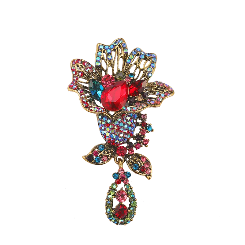 

JAENONES European And American Retro Water Drop Luxury Designer Color Crystal Brooches Accessories Rhinestone Flower Brooch, Gold plated