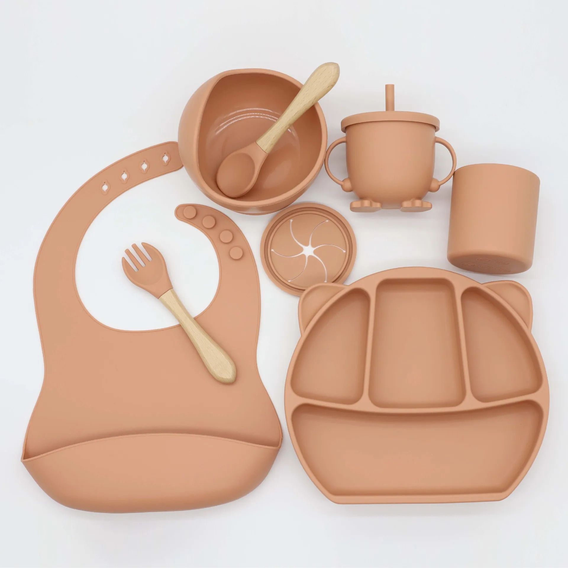 

Silicone Baby 8-piece Cutlery Bib Dinner Plate Complementary Food Bowl Spoon Fork Water Cup Set