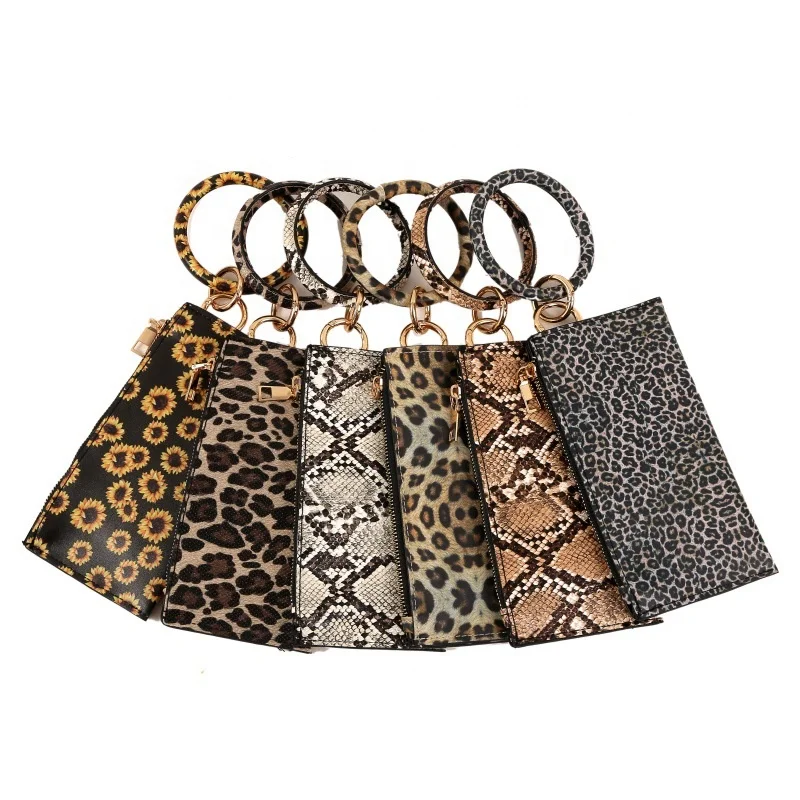 

PU Leather Bracelet Keychain Wallet Sunflower Leopard Printed Bangle Key Ring Holder Wristlet Keychain Handbag Phone Bag