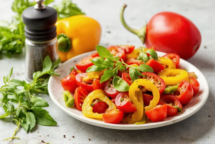 Colorful salad with various bell peppers, black pepper grinder, and fresh herbs