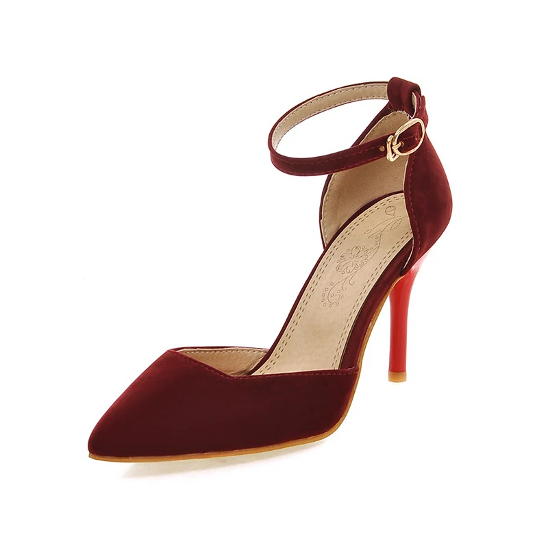 

Women Velvet Leather Dressy High Heel Shallow Pointed Toe Sandals Stiletto Ankle Strap Shoes, Black/red/ecru