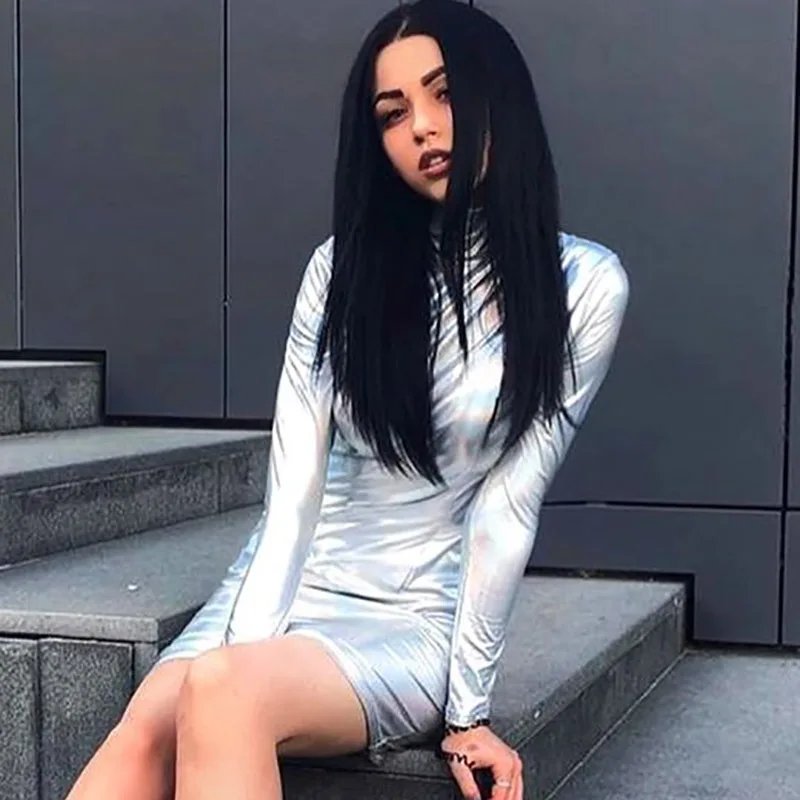 

2020 new arrivals autumn designs reflective material long sleeve women sexy mini bodycon club dresses