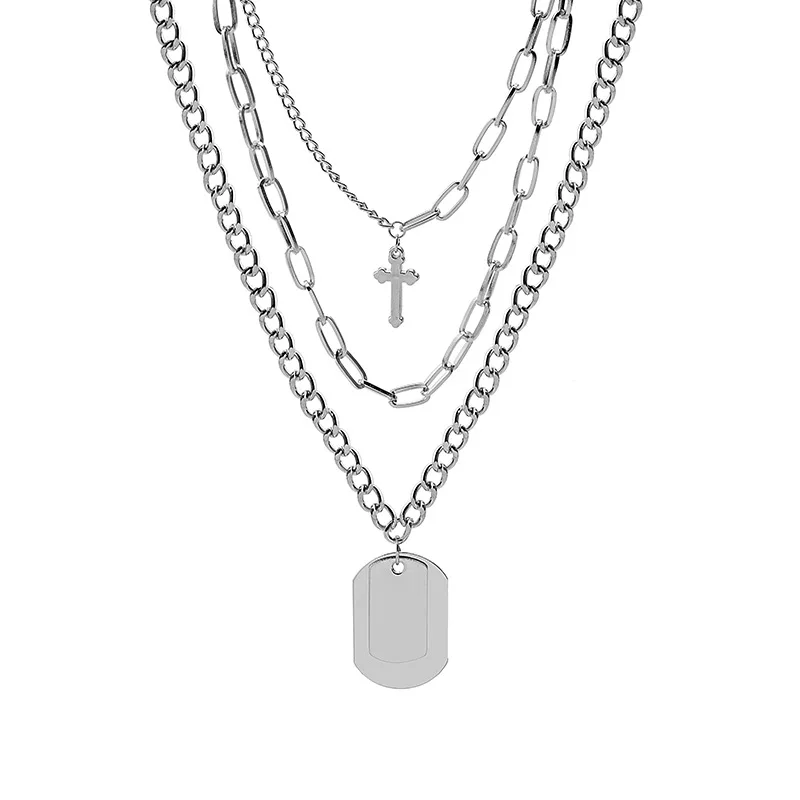 

Punk Play Silver Chain Jewelry Lock Key Cross Pendant 2 Layered Necklace Set for Eboy Egirl Men Emo Goth Teen Boys Girls