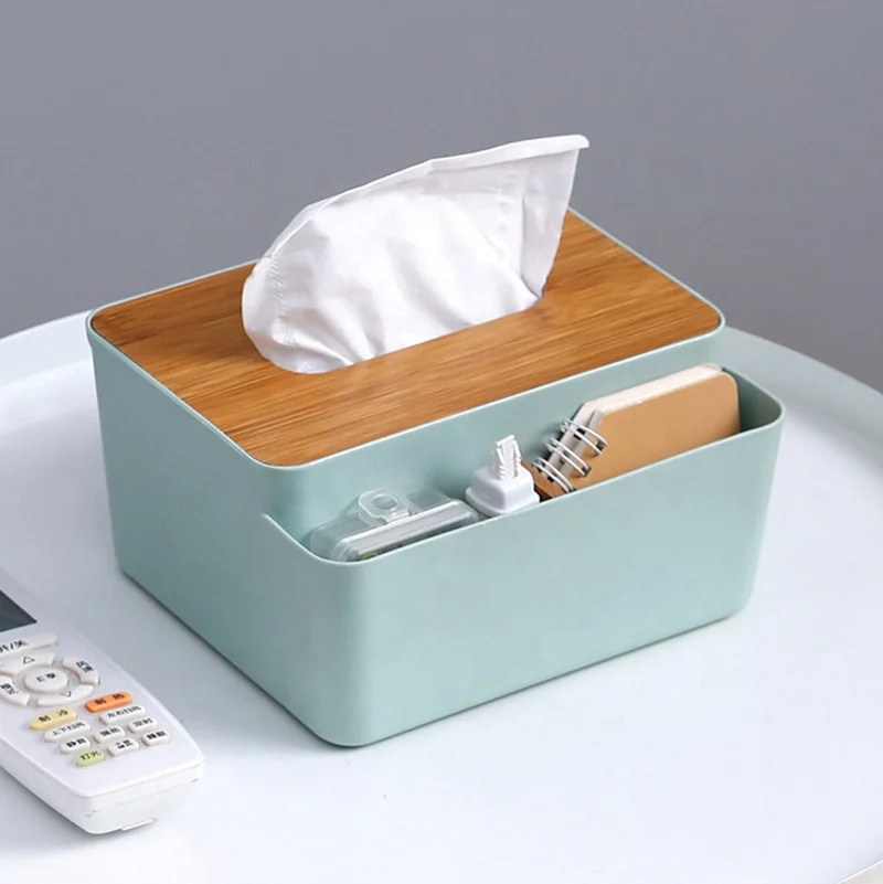 

Rectangular Plastic Multi-functional Tissue Box With Wood Lid For Bathroom Kitchen Bedroom Office, Gray, white, blue