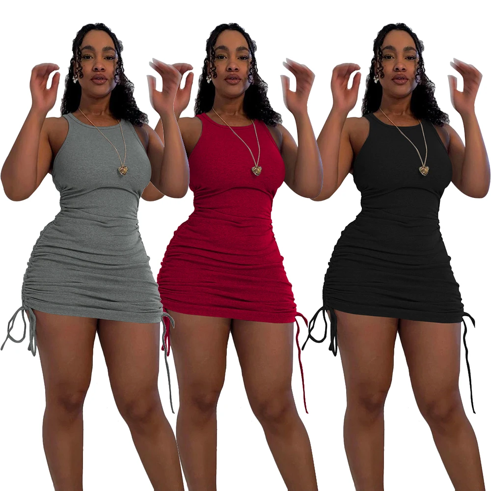 

Consignment Wholesale ZKMY1065 European and fashion casual women's dress with drawstring adjustable skirt length