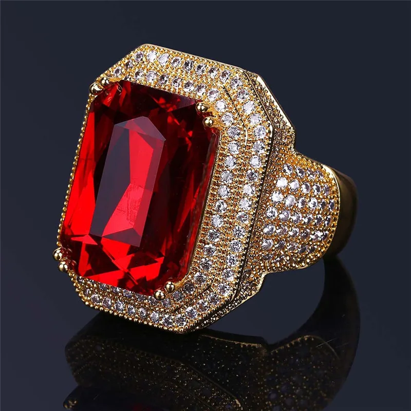 

Retro Iced Out Square Big Ruby Ring Paved CZ Zircon Hip Hop Unisex Men Women Jewelry