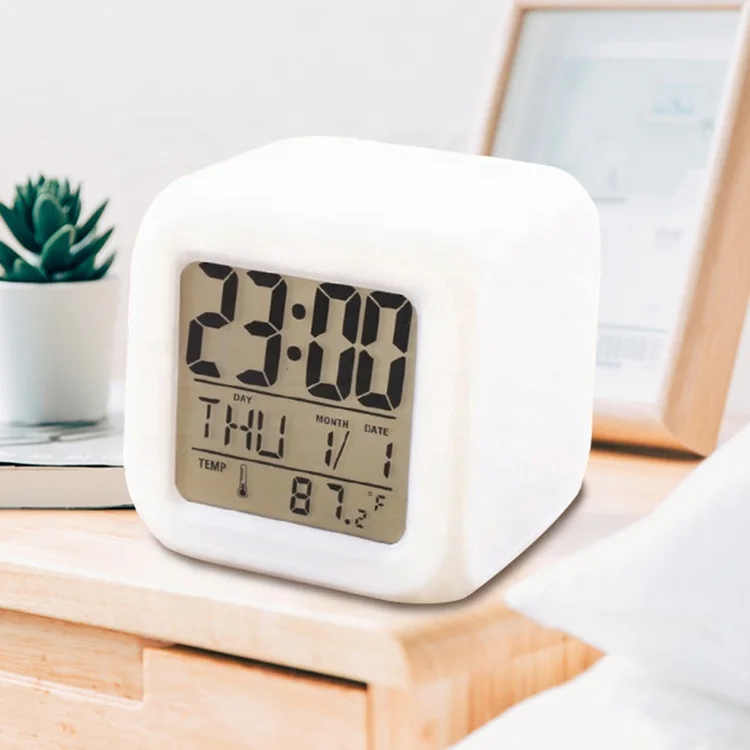 

LED 7 Colour Changing Digital Alarm Clock Thermometer Date Time Night Light seven colours Luminous square desk Alarm Clock, White with colorful light changing