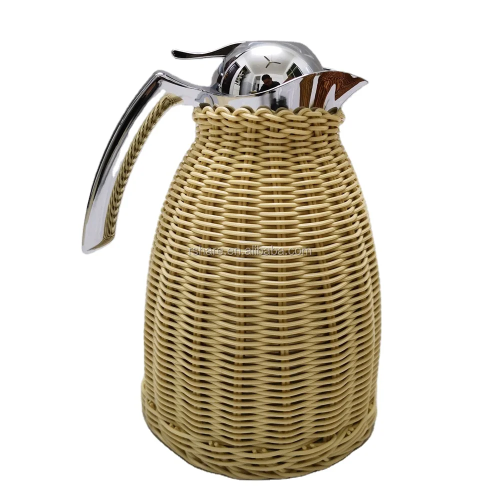 

Double Walled Vacuum thermos arabic coffee pot, Thermos Water Beverage arabic coffee pot set, Natural rattan color