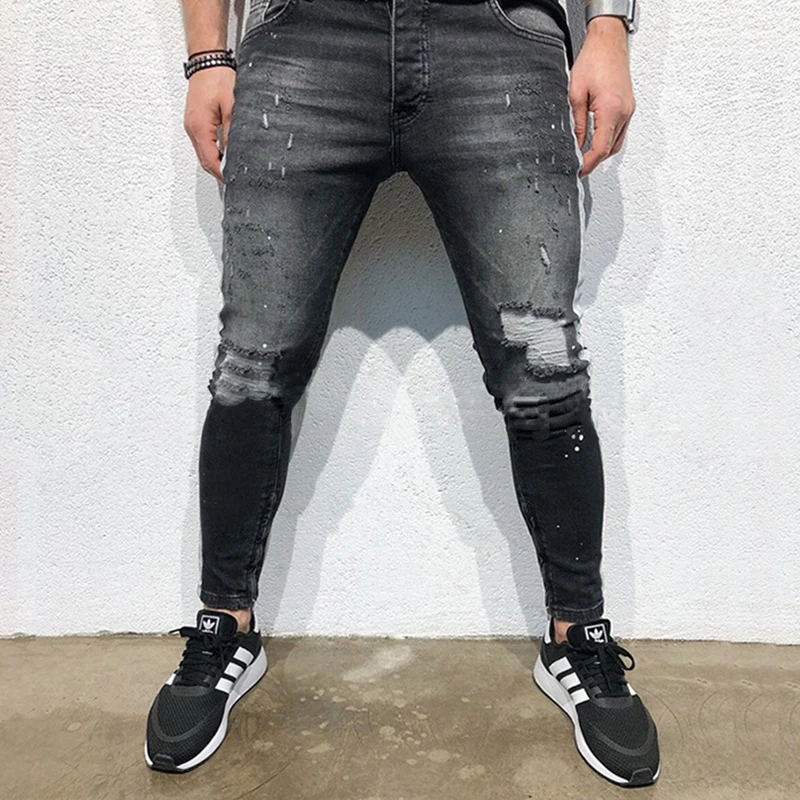 

Fashion new slim braid ripped gray small foot long man jeans pens pencil pants OEM