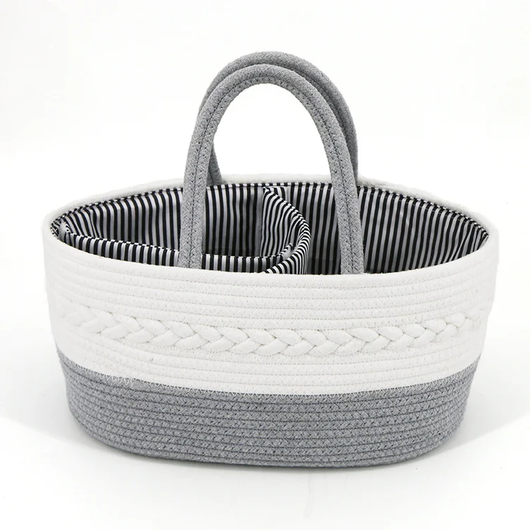 

2021 Amazon Hot Sale Baby Diaper Changing Basket Cotton Rope Diaper Caddy Storage Basket, White with colorful yarn