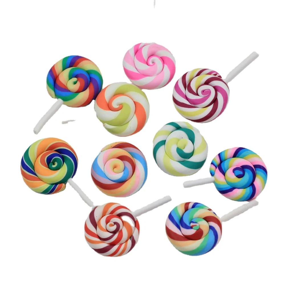 

High Quality Beauty 10 Colors Kawaii Spiral Lollipop Candy Polymer Clay Cabochons Flatback For DIY Phone Decoration