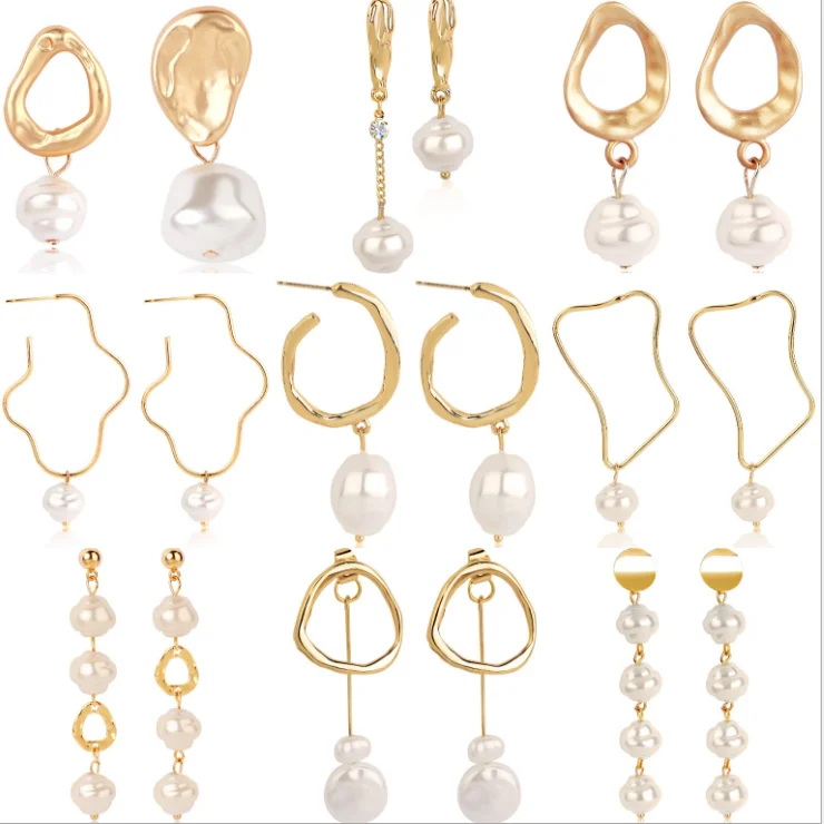 

2021 Women Trendy Retro Asymmetry Baroque Pearl Earrings Alloy Gold Plated Earrings, Clear
