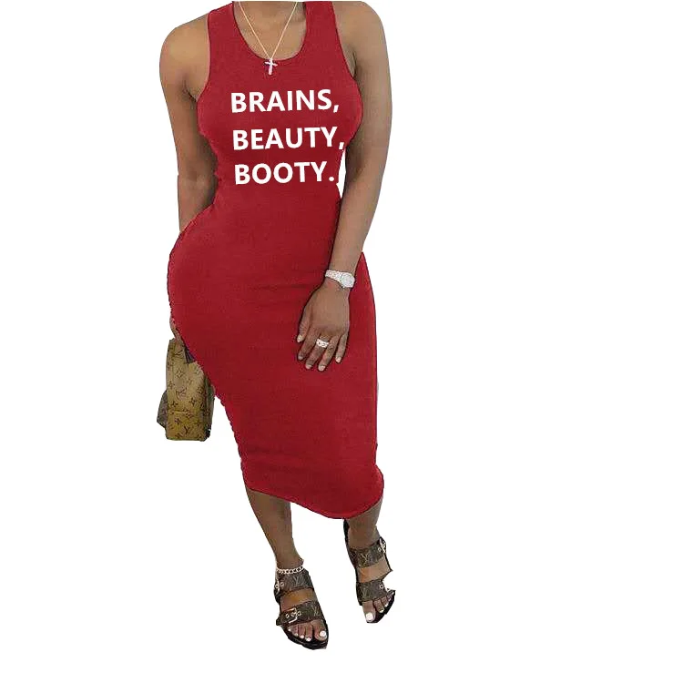 

L36731 Casual Wrinkle Sleeveless Letter Print Vest Midi Dress