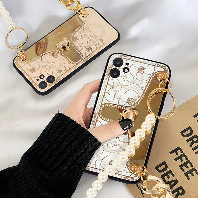 

little fox is suitable for iPhone12 mobile phone shell new pearl hanging chain rhinestone apple 11promax protective cover, Same as the picture