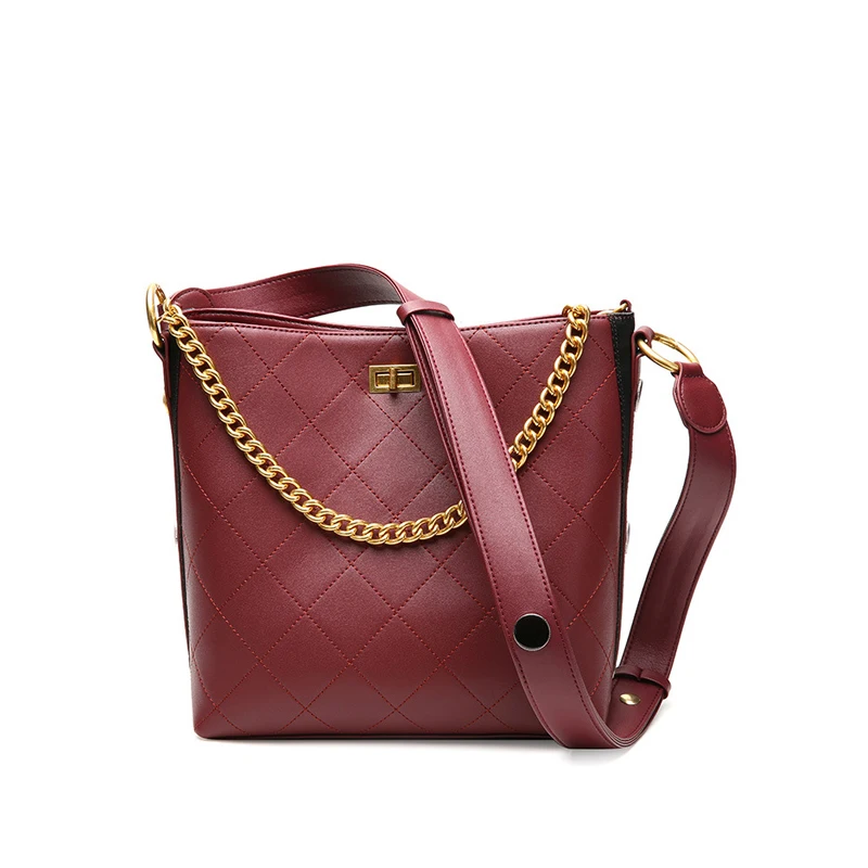 

China Wholesale Luxury Designer Bucket Handbag Custom Genuine Leather Shoulder Bag Women Tote Bag Handbag, Black, wine red