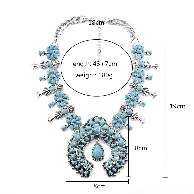 

Wholesale Fashion Aesthetic Women Jewelry Western Boho Squash Blossom Pendant Turquoise Necklace Bohemia, 3 colors