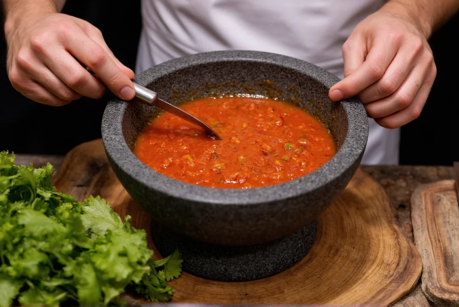 Professional chef preparing authentic tomatillo red chili salsa in traditional molcajete