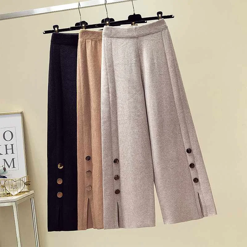 

Solid Color Spring Warm Buttons Slit Elastic Waist Knit Women Pants Wide Leg Knitted Pants, Customized color