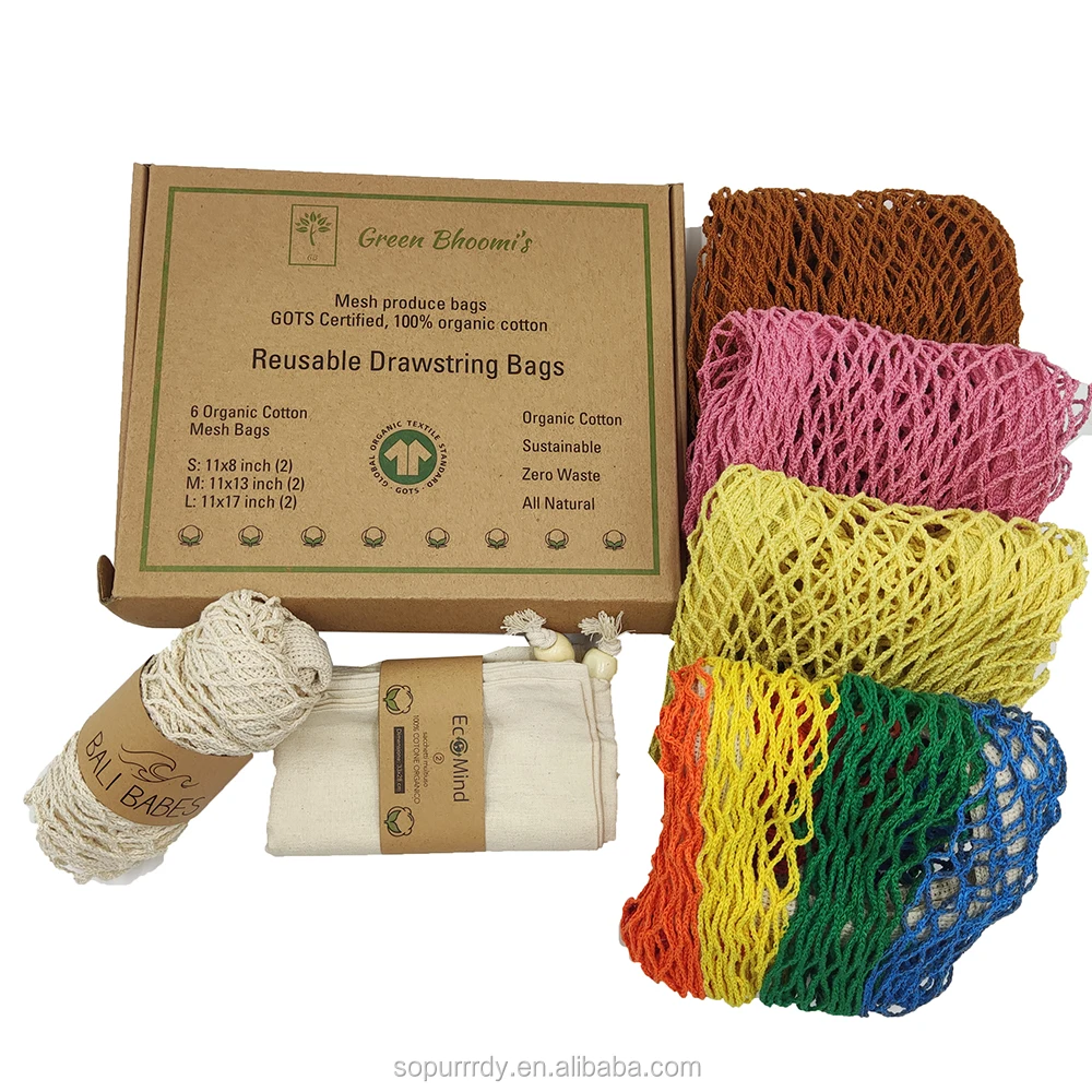 

Mesh Net Bag Sopurrrdy Zero Waste 100% Organic Produce Reusable Cotton Food Storage,mesh Grocery Bag Custom Label Rope Handle, White color