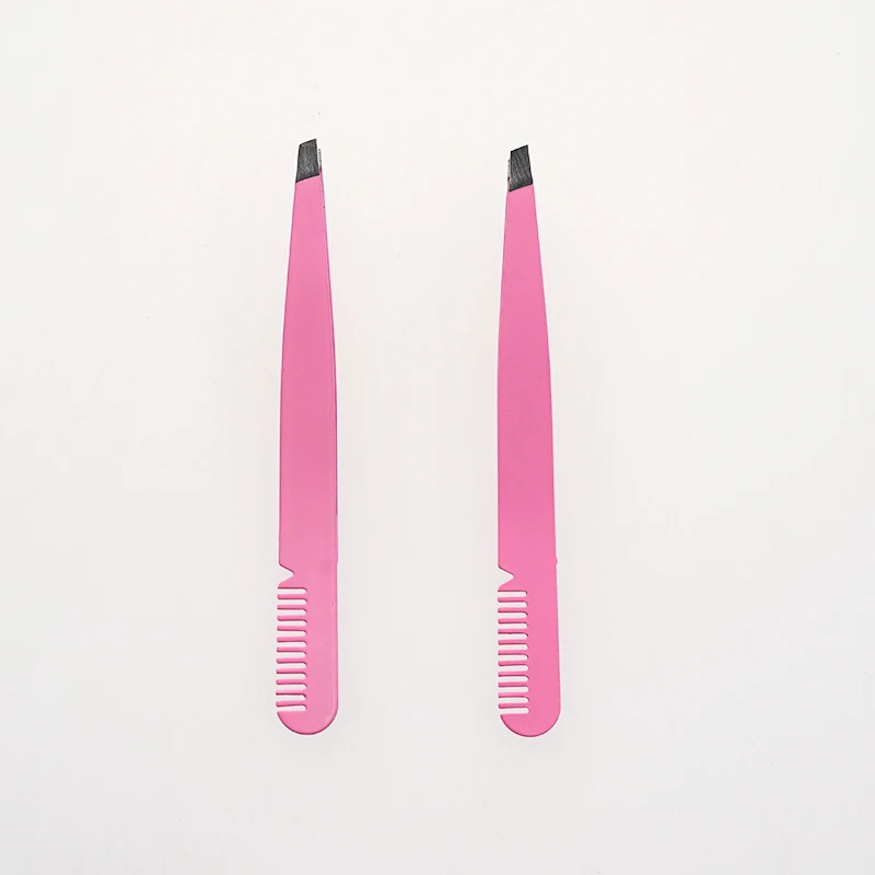 

Pink Stainless Steel Precision Makeup Slant Tip Eyebrow Tweezers With Comb For Hair Removal Trimming