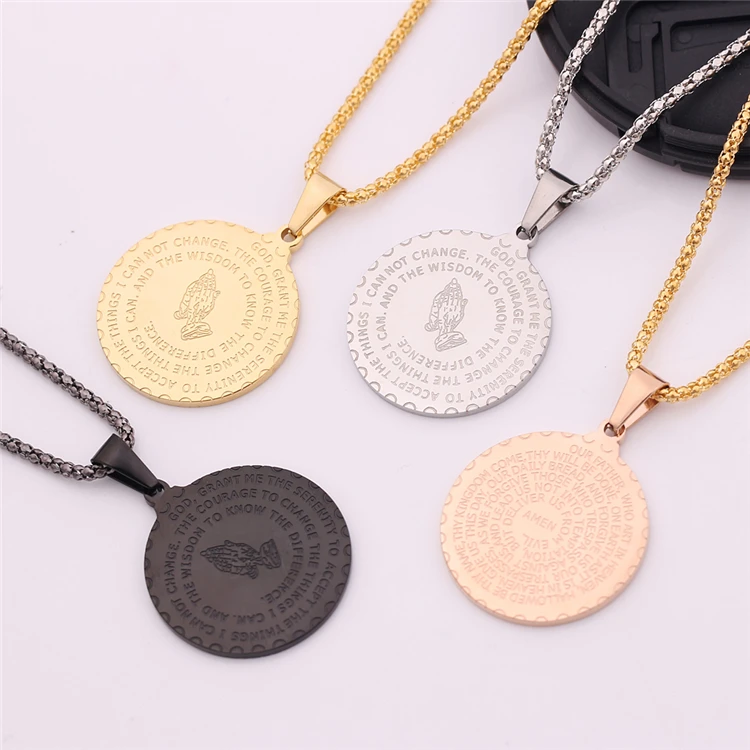 

Punk Bible Verse Praying Hands Pendants Coin Medal Brand Necklaces For Men Gold Color Stainless Steel Chain Christian Jewelry, Picture shows