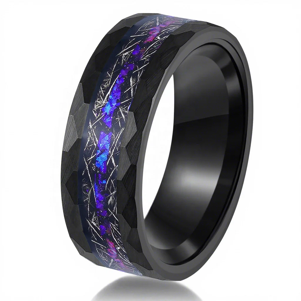 POYA 8mm Black Tungsten Ring Hammered with Nebula and Silver Foils Inlay Promise Wedding Engagement Ring for Men and Women