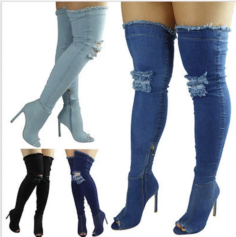 

Denim Side Zipper Peep Toe Stiletto Heel Thigh High Boots