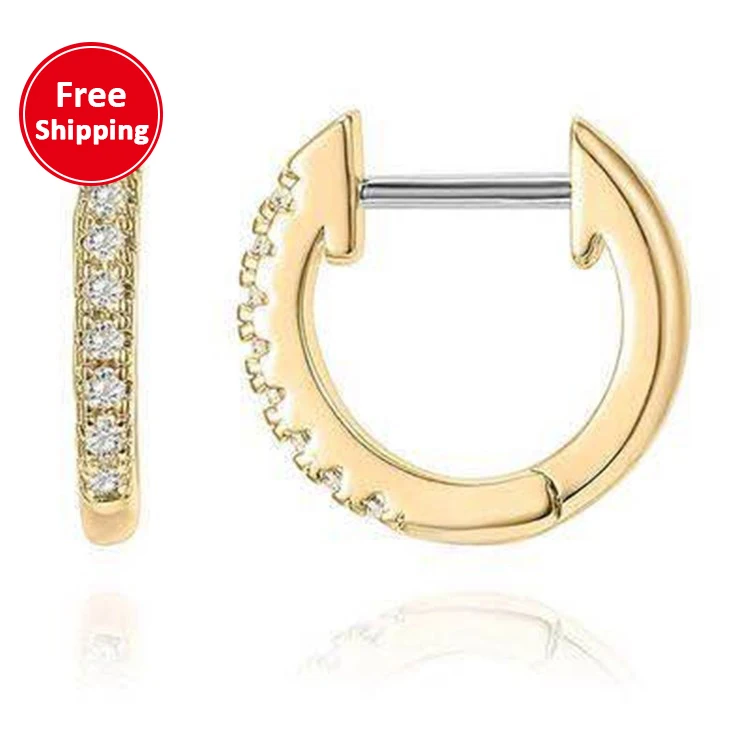 

FreeShipping 14K Gold Plated Cuff Earrings Post 2.0mm Mid Size Cubic Zirconia Small Hoop Huggie Stud Earrings for Women, Optional