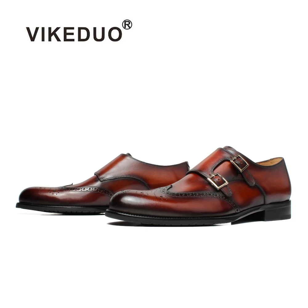 

Vikeduo Brown Cute Beautiful Male Designer Footwear Cow Leather Handmade Double Monk Leather Shoes Men