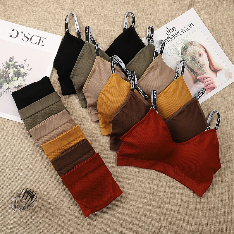 

JULY'S SONG Sexy Women Bra Panties Set Adjustable Letter Strap Active Bra Women Lingerie Set Cotton Wireless Sports Yoga Bra Set, Yellow, black, green, wine red, coffee, light coffee