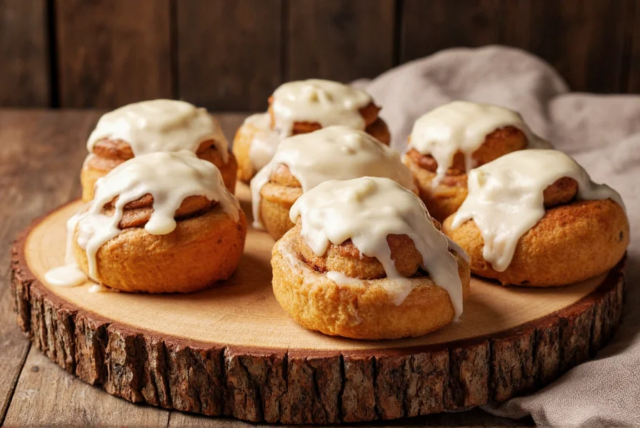 Gingerbread cinnamon rolls served on a rustic wooden board with cream cheese frosting drizzled on top