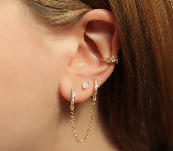 

MINI Cz hoop earring with tassel chain fashion women multi piercing 2 hole earring