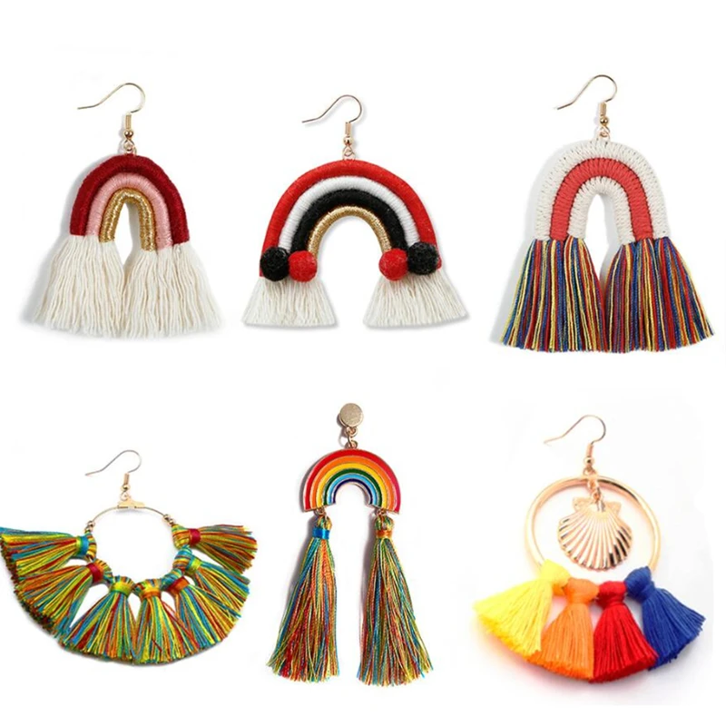 

Hot style weaving rainbow tassel earrings bohemian colorful fringe earrings jewelry for women, As picture or customized